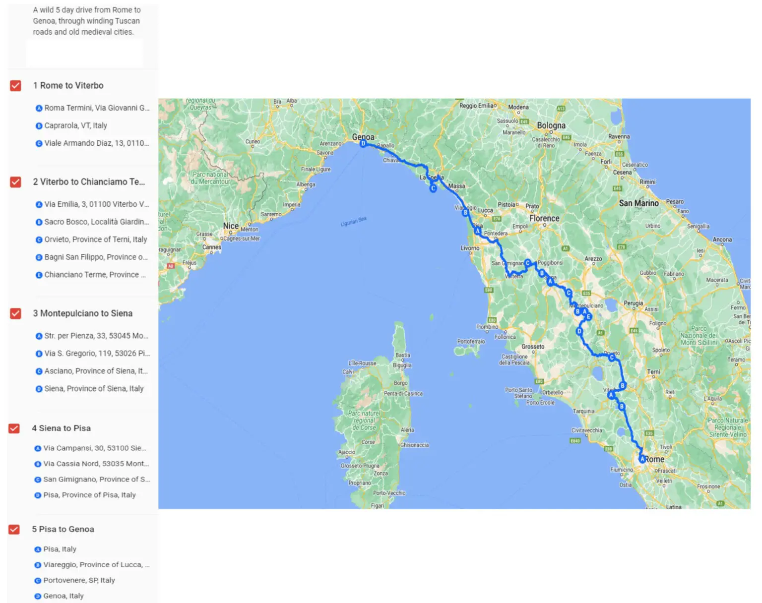 A wild five days drive from Rome to Genoa